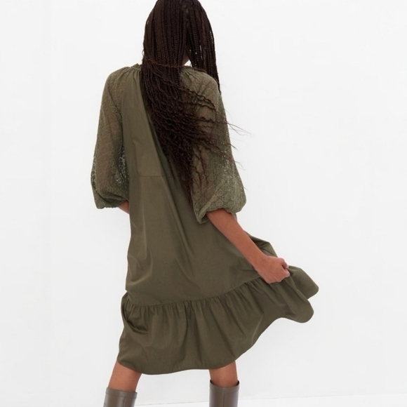 Gap Lace Sleeve Army Jacket Green Ruffle Cotton Midi Dress - Picture 5 of 15